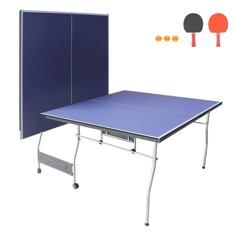 8ft Mid-Size Foldable & Portable Ping Pong Table Set for Indoor Games with Net, 2 Table Tennis Paddles and 3 Balls